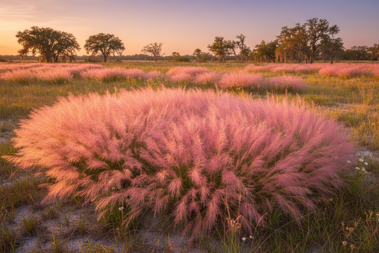Gulf Muhly (Muhlenbergia capillaris) — pink cloud native grass of the Louisiana coastal prairie in October, Prairie Movement Strip, Big Mamou Enterprises