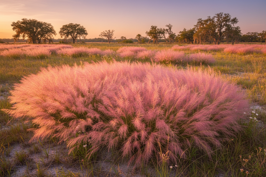 Gulf Muhly (Muhlenbergia capillaris) — pink cloud native grass of the Louisiana coastal prairie in October, Prairie Movement Strip, Big Mamou Enterprises