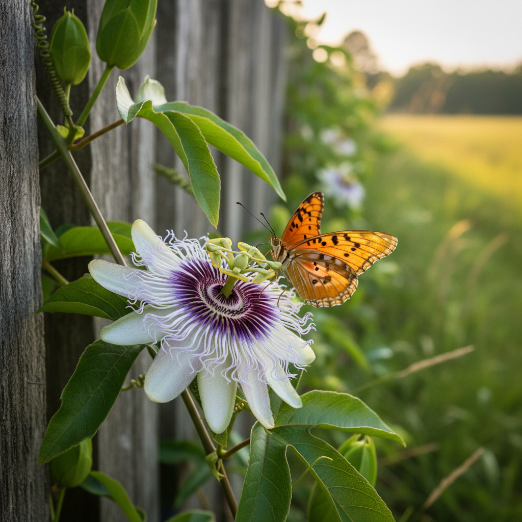 Passionflower – intricate lavender white and deep purple exotic bloom with Gulf Fritillary butterfly on Louisiana fence row vine
