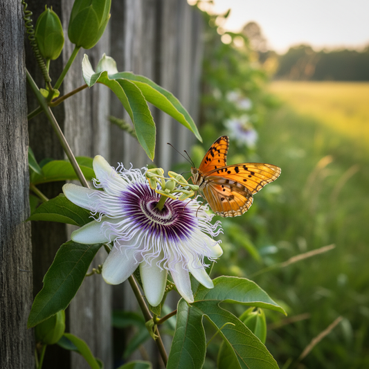 Passionflower – intricate lavender white and deep purple exotic bloom with Gulf Fritillary butterfly on Louisiana fence row vine