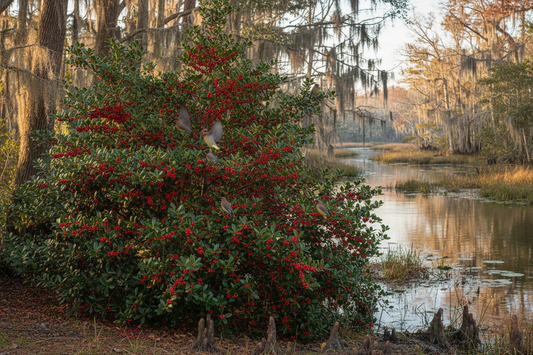 Yaupon Holly (Ilex vomitoria) — native evergreen holly with brilliant red berries feeding cedar waxwings, Cajun Prairie Heritage, Big Mamou Enterprises