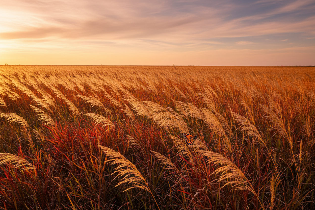 Switchgrass (Panicum virgatum) — native prairie grass glowing golden at sunset with burgundy fall color, Cajun Prairie Heritage, Big Mamou Enterprises