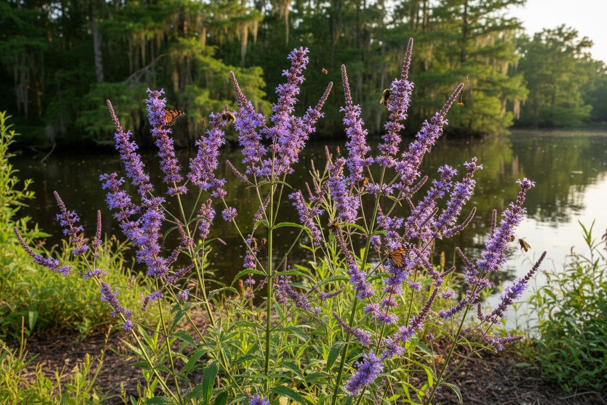 Blue Vervain (Verbena hastata) — native bayou edge wildflower, Jardin Healing Garden, Big Mamou Enterprises