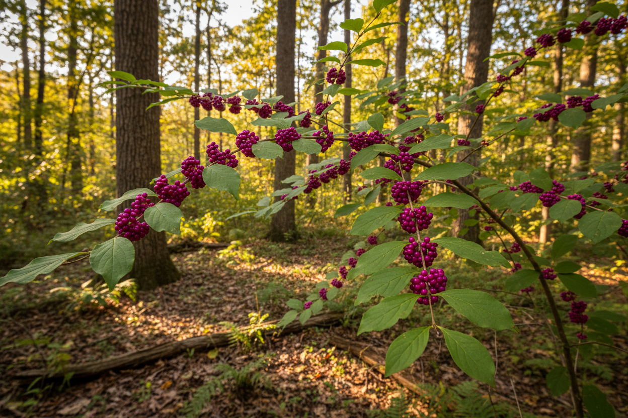 American Beautyberry (Callicarpa americana) — native shrub with vivid magenta-purple berry clusters, Jardin Healing Garden, Big Mamou Enterprises