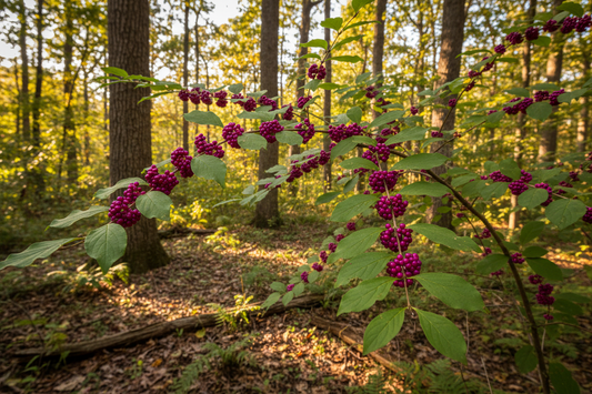 American Beautyberry (Callicarpa americana) — native shrub with vivid magenta-purple berry clusters, Jardin Healing Garden, Big Mamou Enterprises