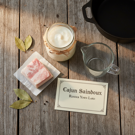 Lard Rendering Starter Kit — mason jar of saindoux, fat separator and fatback on weathered wood