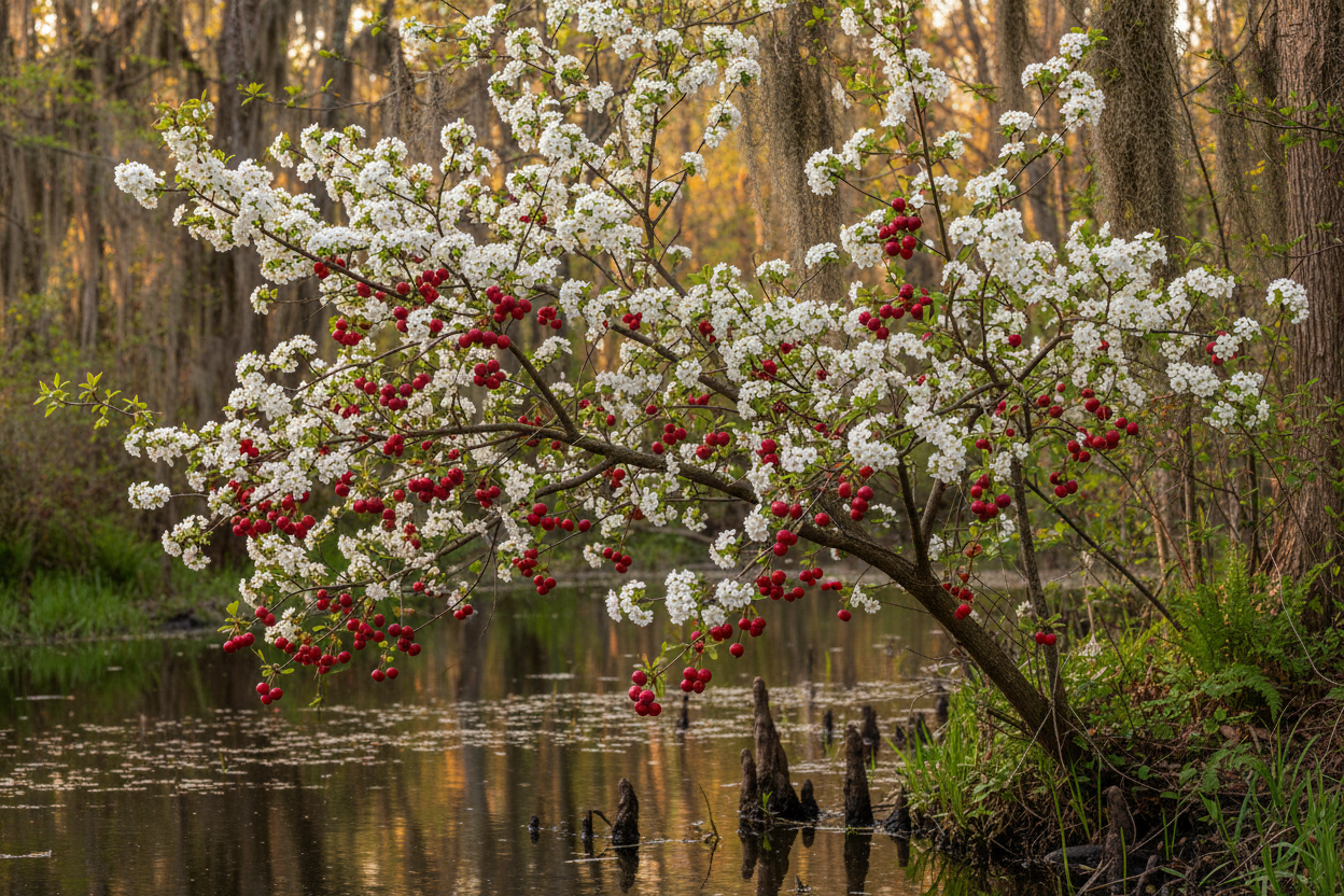 Mayhaw (Crataegus opaca) — iconic Louisiana bayou fruit tree with white spring flowers and red May berries, Cajun Prairie Heritage, Big Mamou Enterprises