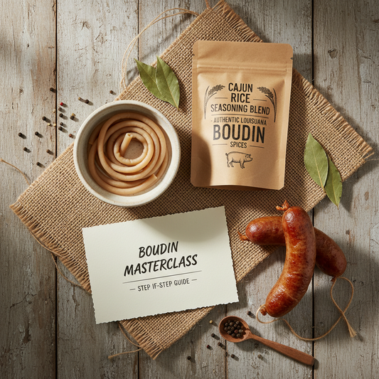 Boudin Making Kit — natural hog casings, Cajun rice seasoning and boudin links on weathered wood