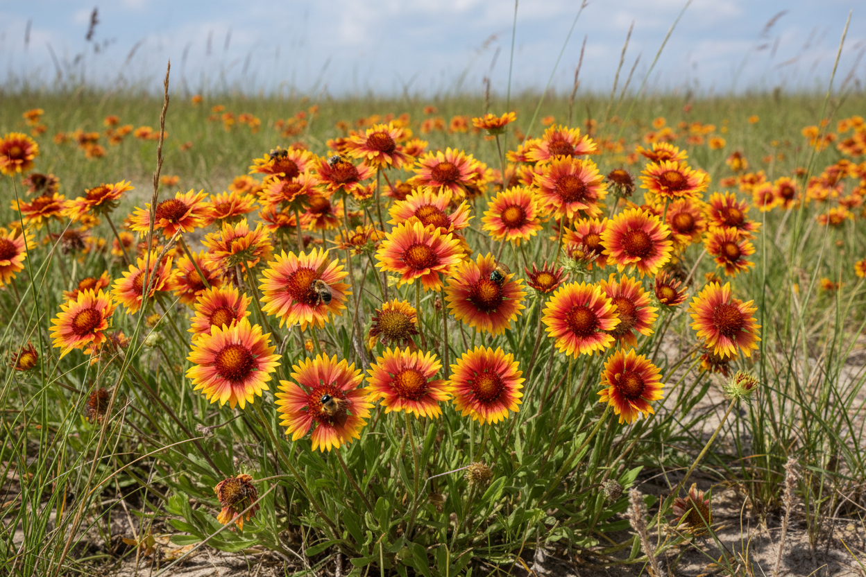 Prairie Gaillardia (Gaillardia aestivalis) — native Gulf South blanket flower with warm orange-red fringed blooms, Prairie Movement Strip, Big Mamou Enterprises