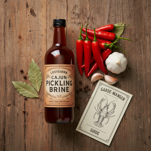 Cajun Pickling Brine — apple cider vinegar brine with cayenne peppers, garlic and bay leaves on weathered wood