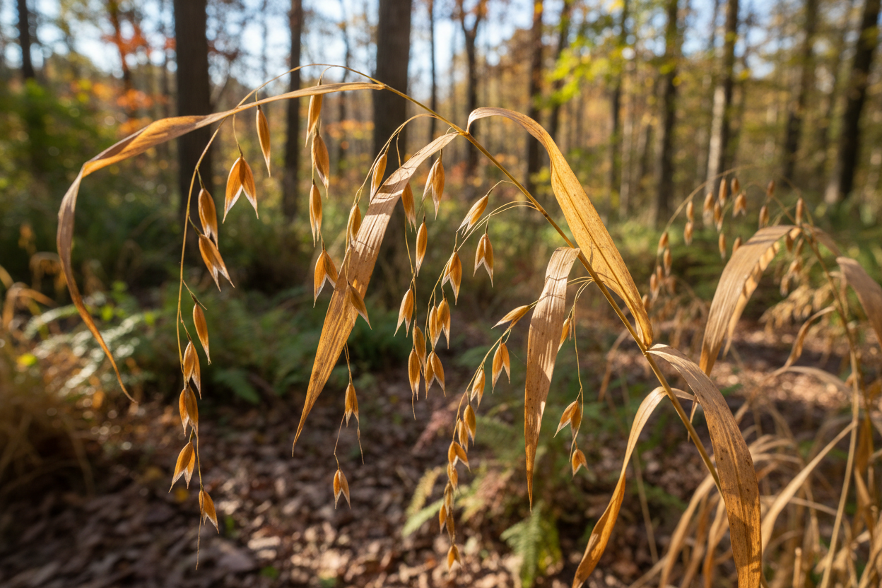 River Oats (Chasmanthium latifolium) — native woodland grass with copper coin seed heads, Cajun Prairie Heritage, Big Mamou Enterprises