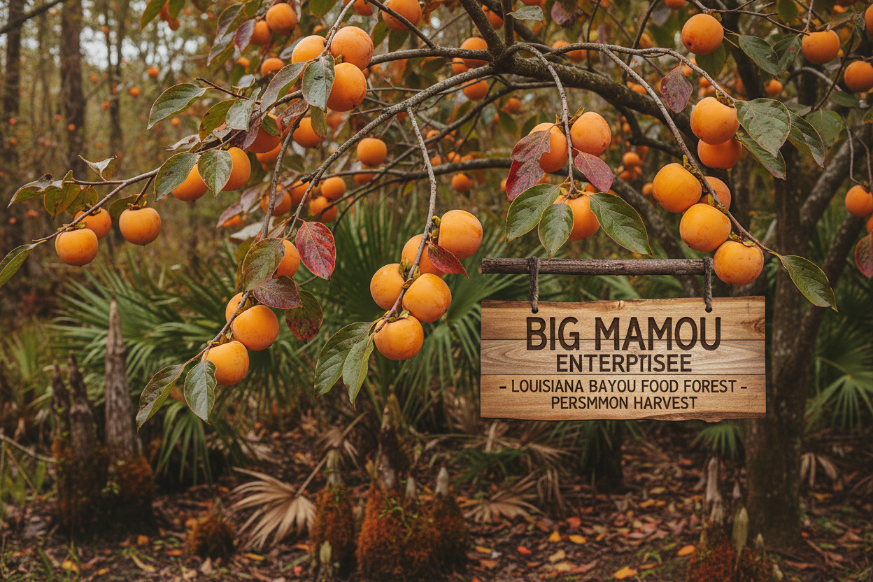Common Persimmon — Diospyros virginiana — ripe golden fruit on Louisiana native food tree