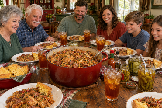 Jambalaya supper with a light-skinned multigenerational family, cornbread, sweet tea, and Cajun condiments