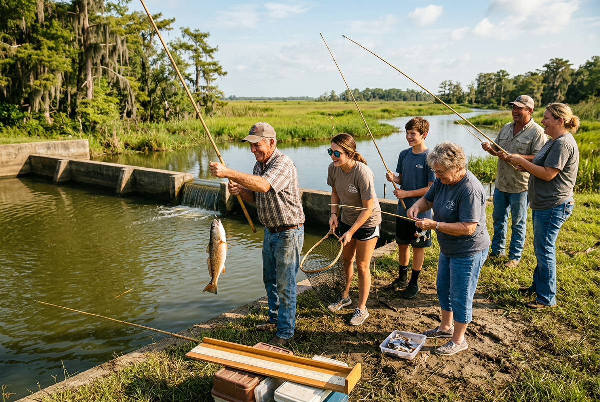 Lively Cajun cane-pole fishing beside a bayou weir with crab bait and a redfish catch