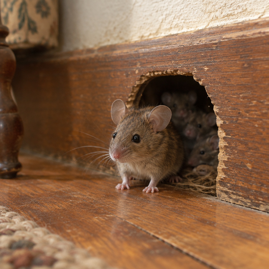 Mouse at a small hole in a house baseboard with young mice in the background