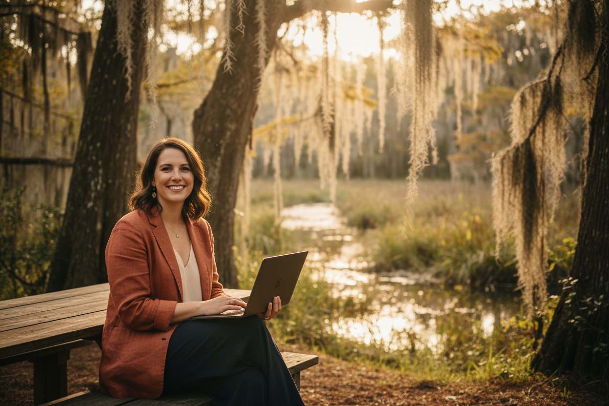 Smiling entrepreneur with laptop under Spanish moss