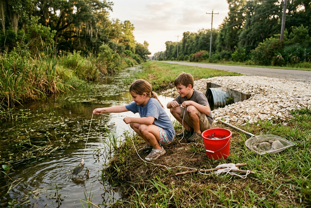 Two Cadien children crabbing in a roadside ditch beside an oyster-shell driveway