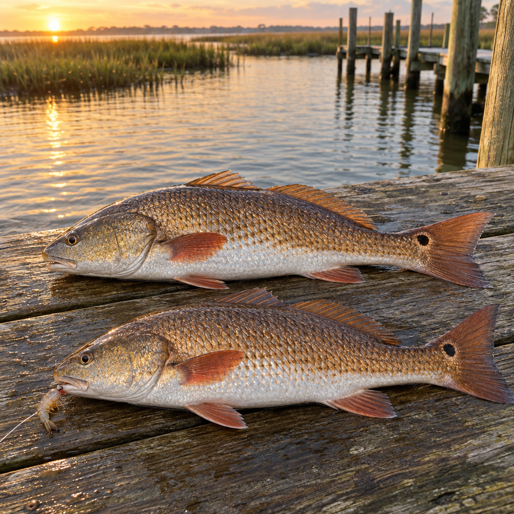 Two freshly caught redfish on a Louisiana dock, one with a shrimp-baited hook at its mouth
