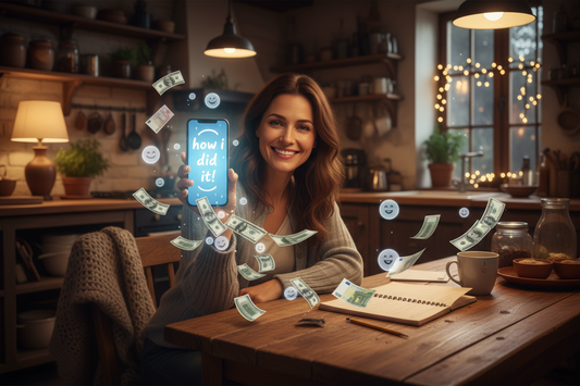 Woman at kitchen table with iPhone making it rain money